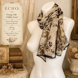 Vintage Echo Silk Chiffon Floral Toile Scarf Cream Brown Oblong 11x58
